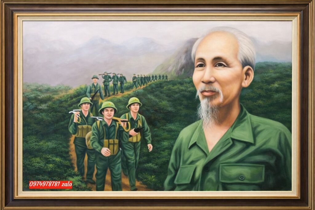 Tranh bác hồ cùng chúng cháu hành quân