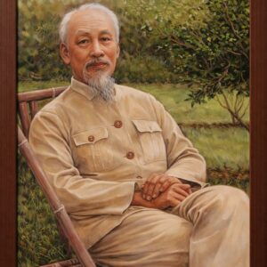 Tranh bác hồ nghồi ghế mây trang trọng