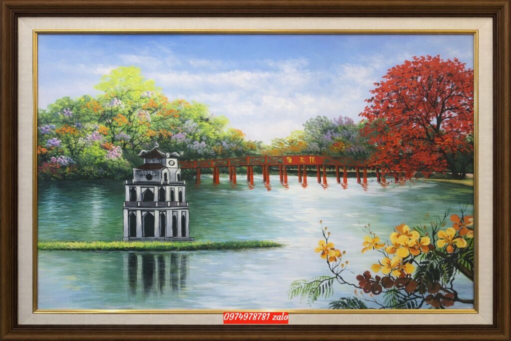 Tranh hồ gươm sơn dầu hồ gươm cầu thê