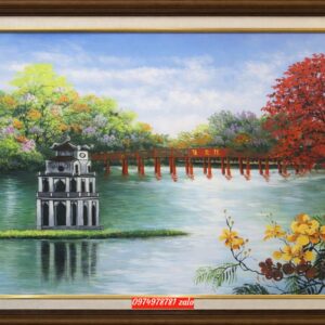 Tranh hồ gươm sơn dầu hồ gươm cầu thê húc