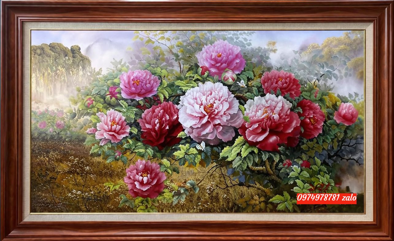 Tranh hoa mẫu đơn sơn dầu phòng khách đẹp