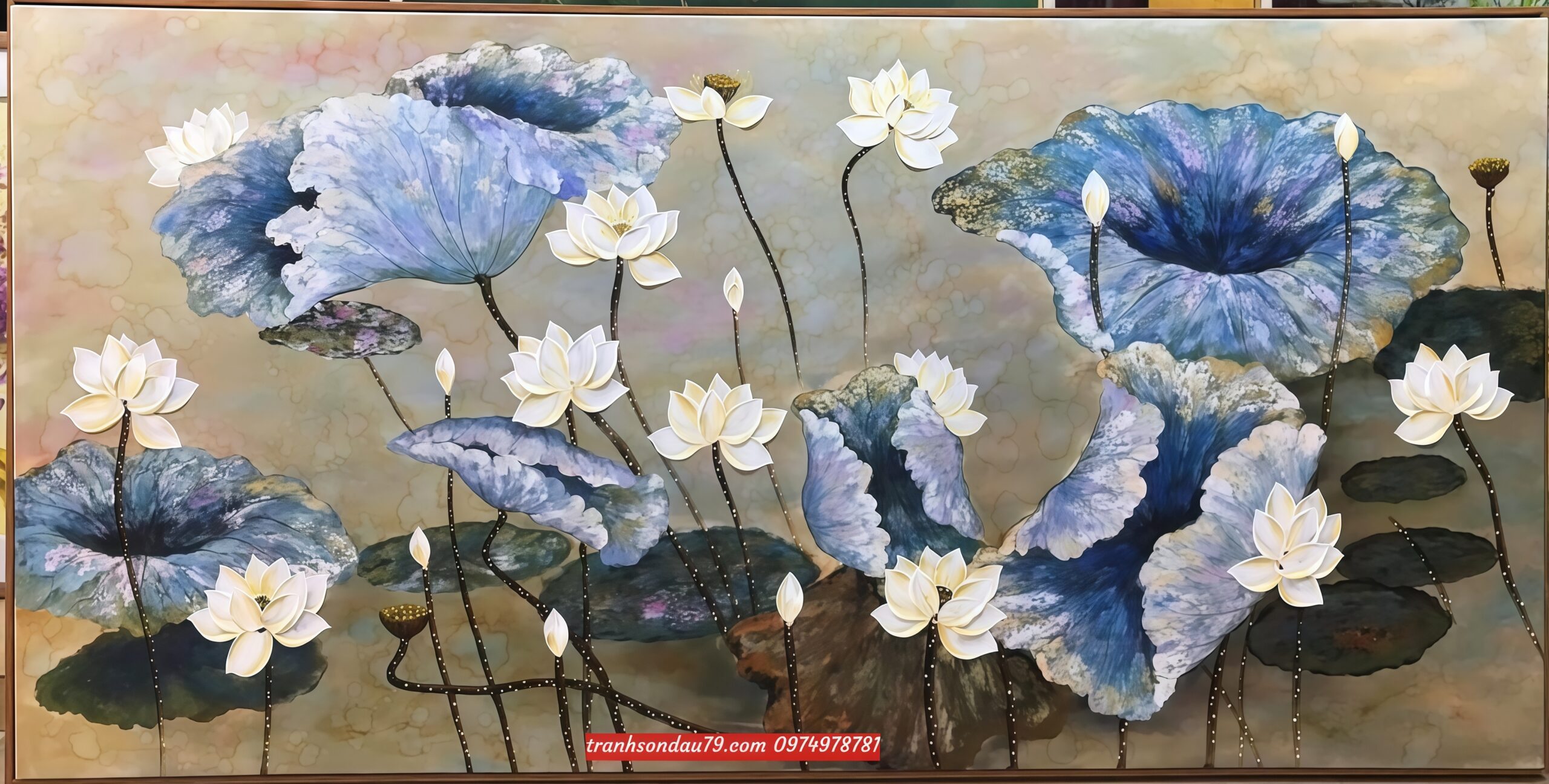 Tranh hoa sen tranh sơn dầu hoa sen nổi 3D H61