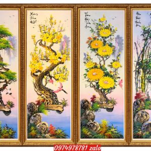 Tranh tùng cúc trúc mai tranh vẽ tay