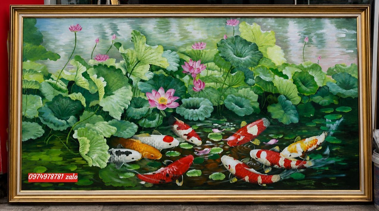 Tranh cửu ngư quần hội tranh vẽ sơn dầu TH118